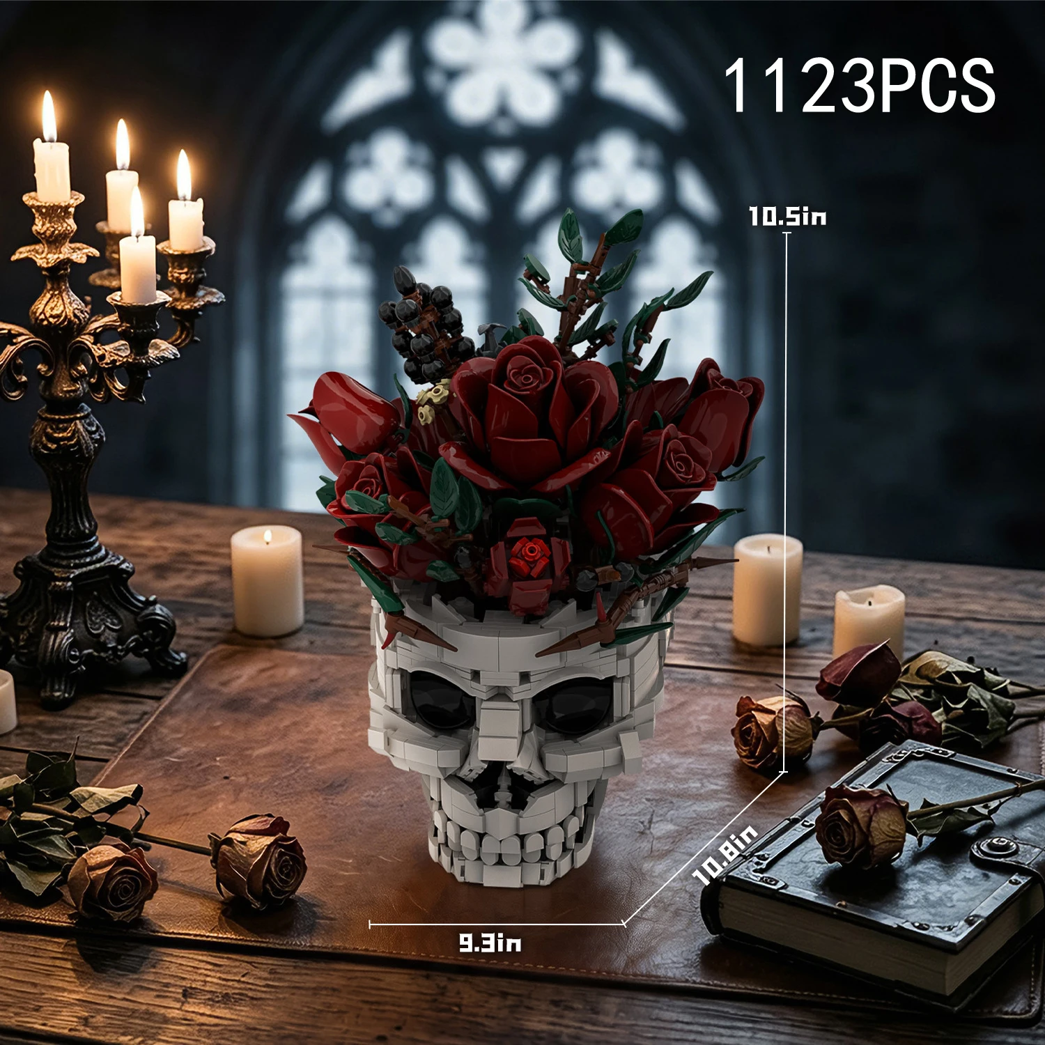 Idea Gothic Baustein Rote Rose Skelett Spielzeug Schädel Blumentopf Konstruktionsbaustein Schreibtisch-Deko Modell-Sets Sammlerstücke für Geschenke – Detail 5