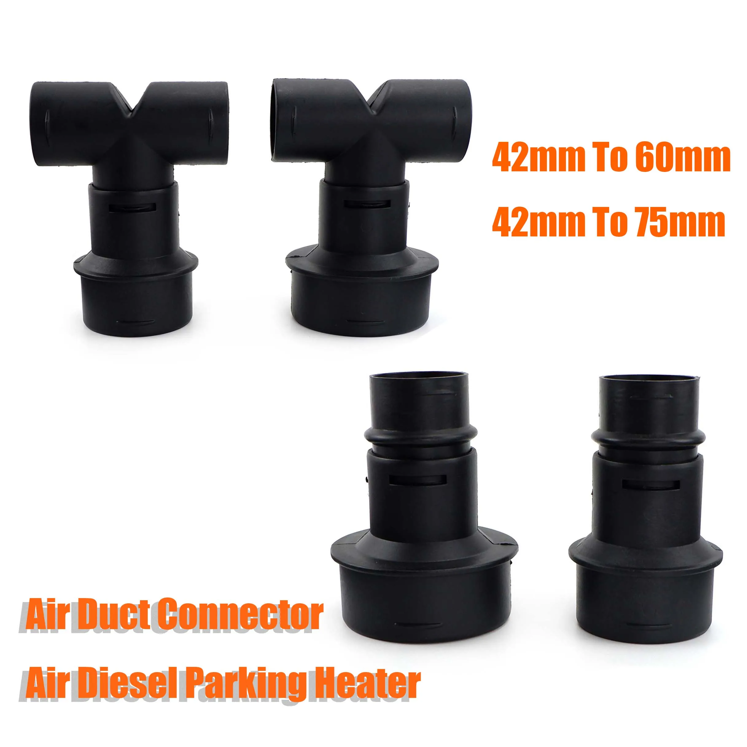 

42to60mm 42to75mm Converter + T or Flat Connector Diesel Heater Air Duct Ducting Black For Car Truck VAN Camper