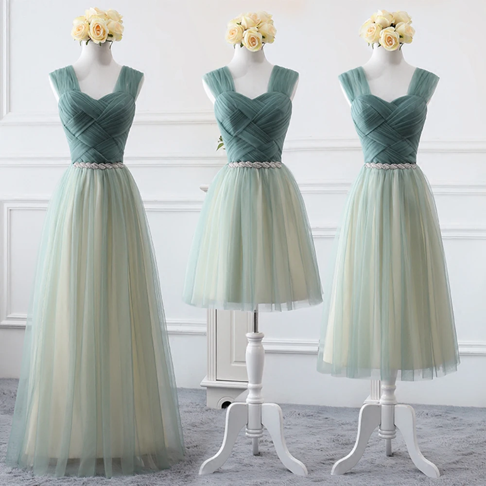 

Elegant Green Bridesmaid Dress 3 Lengths Square Backless Off Shoulder A-Line Gown Unique Tulle Weave Texture Evening Vestido