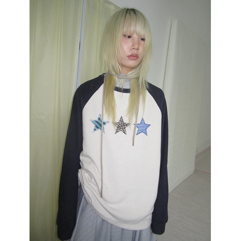 

Loose Fit Star Print Color Blo oulder Sve Hoodie Korean Sle Versatile Comfortable Women's Sweatirt for Autumn