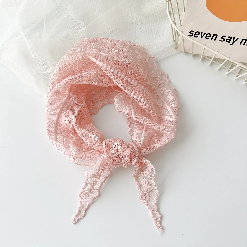 Solid Color Lace Hair Scarf For Women Elegant Neckerchief Triangle Hijab Scarves Female Fashion Kerchief Hollow Out Neck Scarf