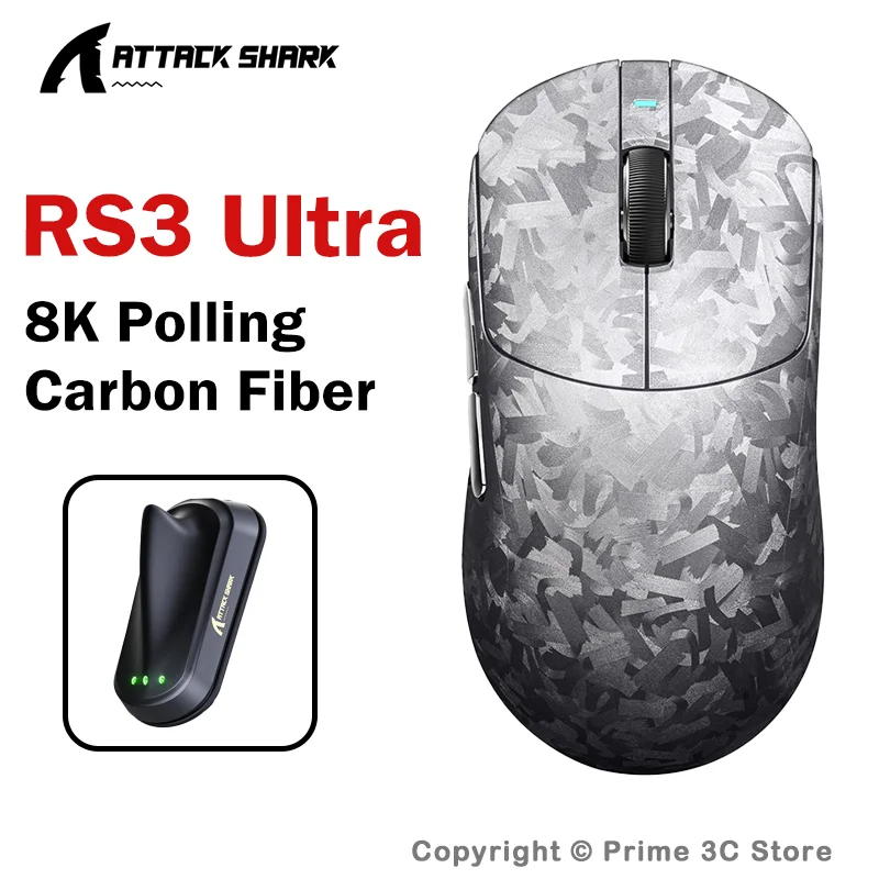 ATTACK SHARK RS3 Ultra Wireless Gaming Mouse PAW3955MAX 52000 DPI 66g Carbon Fiber 8K Polling Tri-Mode Bluetooth Wired 2.4G