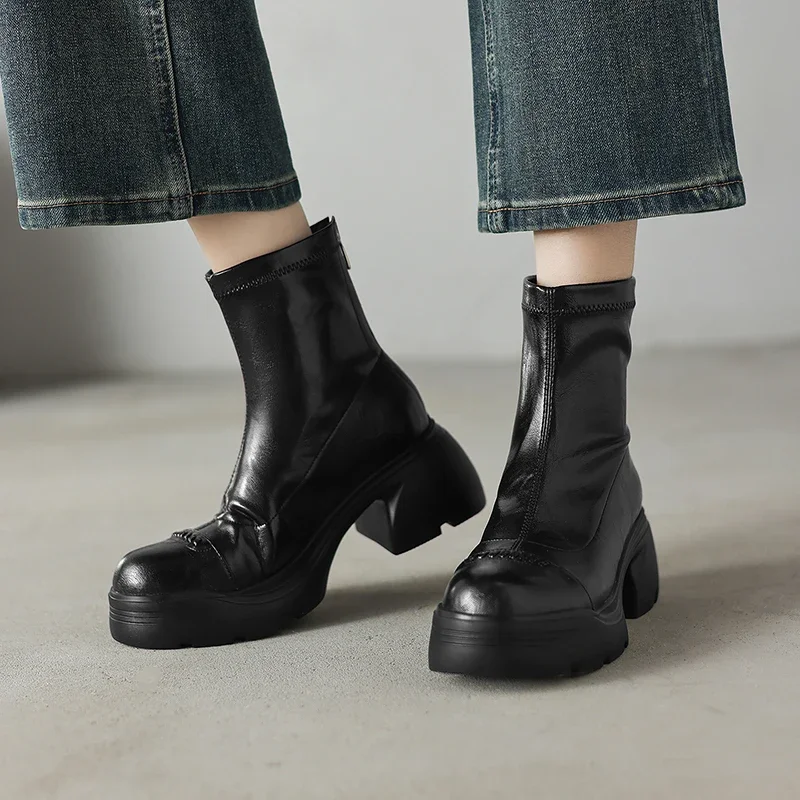 2026 new autumn winter women ankle boots natural leather 22-25cm cowhide+stretch microfiber thick heel back zip short boots