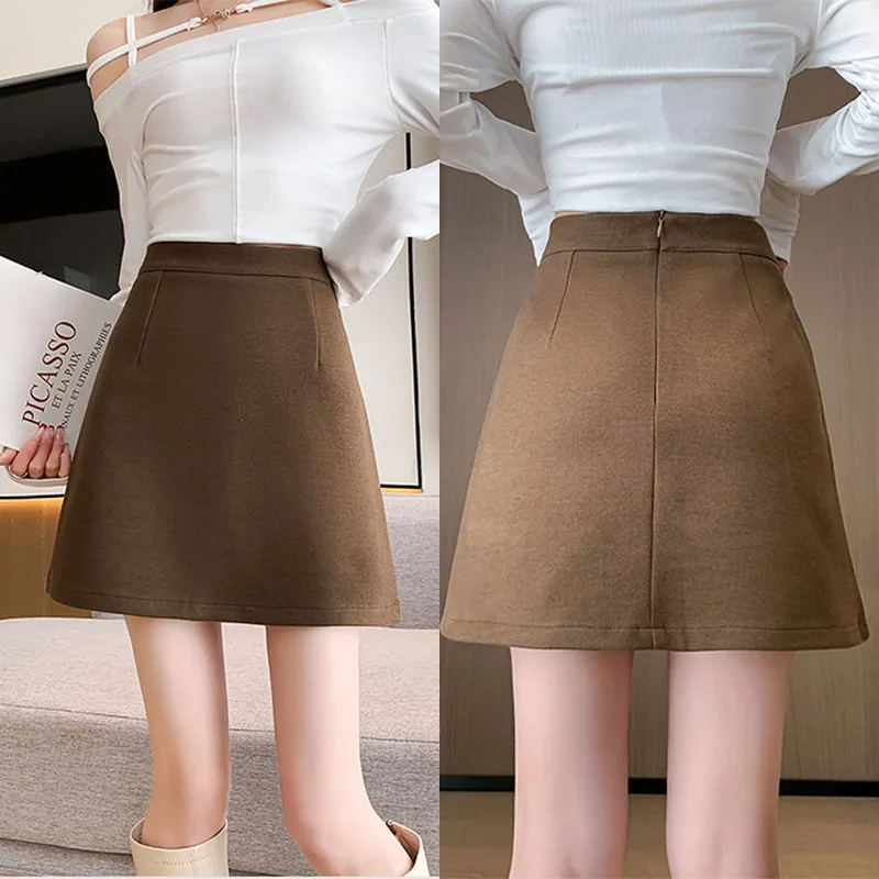 Autumn Winter Mini Skirt for Women Solid Color Versatile Thickend Woolen Skirts Korean Occupation Office Work Lady Short Skirts