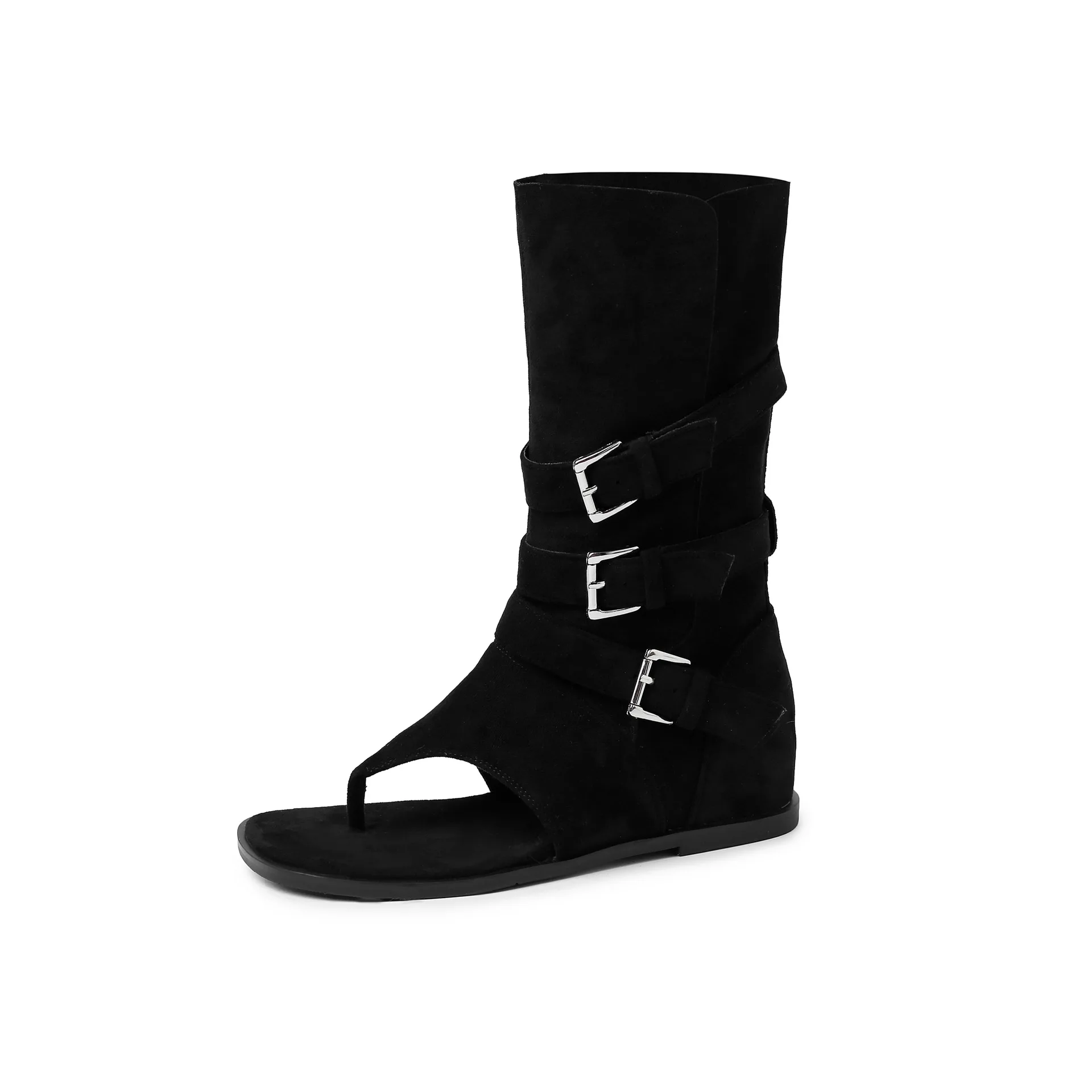 Arden Furtado 2025 Summer Pinch toe Wedges suede Mid-Calf boots Round toe Belt buckle Middle heel Cool boots Large size boots