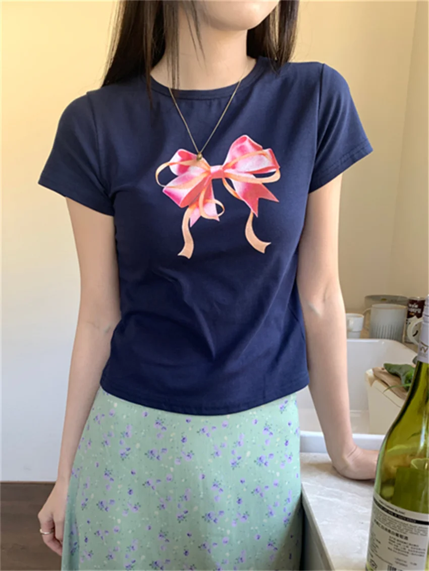 

Alien Kitty Summer Slim-Fit T-Shirts Women Chic Printed Short Sleeve 2024 Fashion New Office Lady High Street Sweet Casual Tees