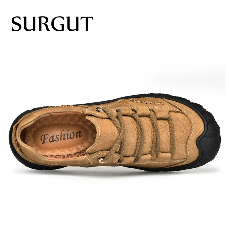 SURGUT Men's Genuine Leather Casual Shoes Outdoor Trendy Men Shoes Waterproof Non-slip Man Platform Shoes Anti-collision Toe