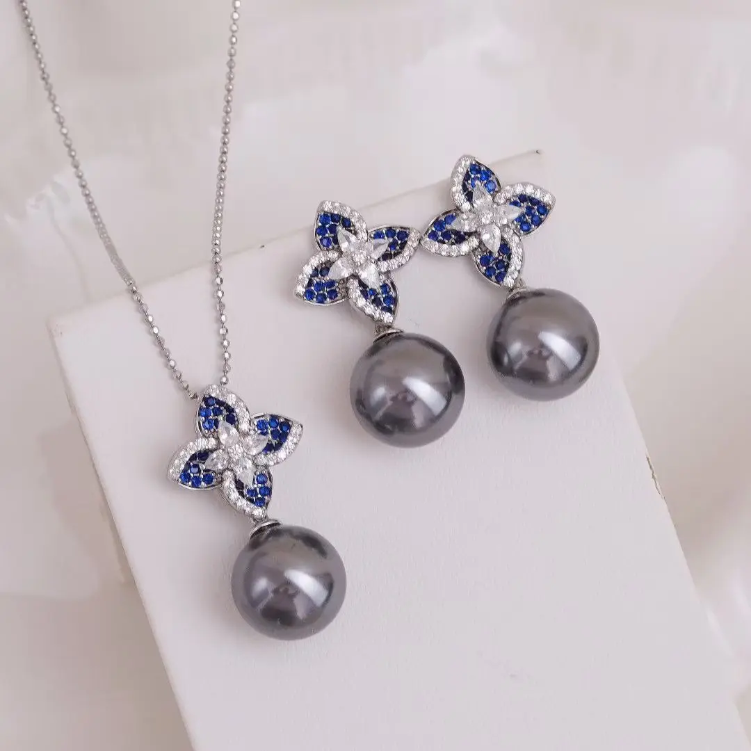 

S925 Sterling Silver Pendant and Earrings Set Base Mounts Findings Mounting Jewelry Set Parts Fittings for 8-12mm Pearls