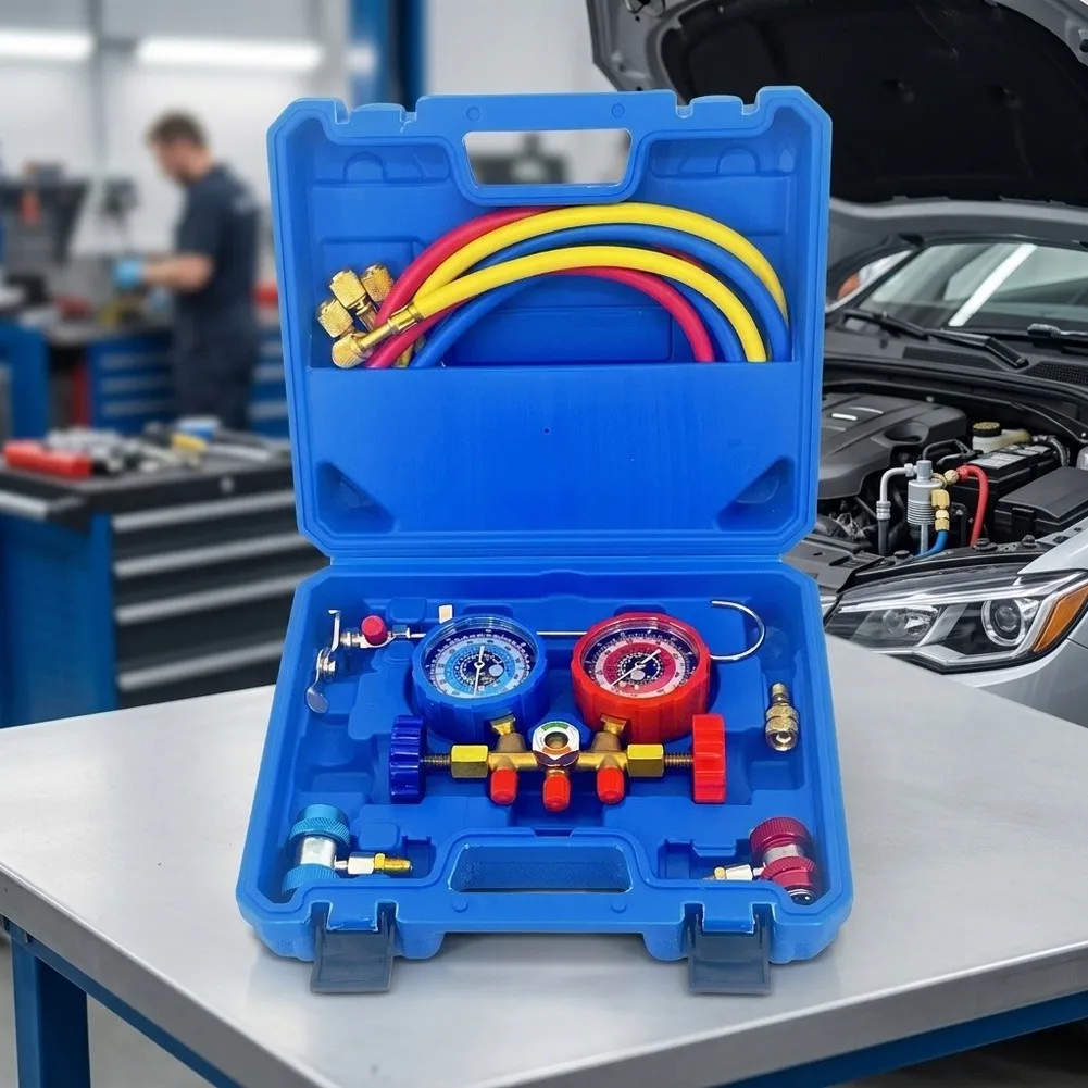3 Way Manifold Gauge Set with Large Readable Gauges and Color Coded Hoses for R410A R22 R404A Applications 3 Way