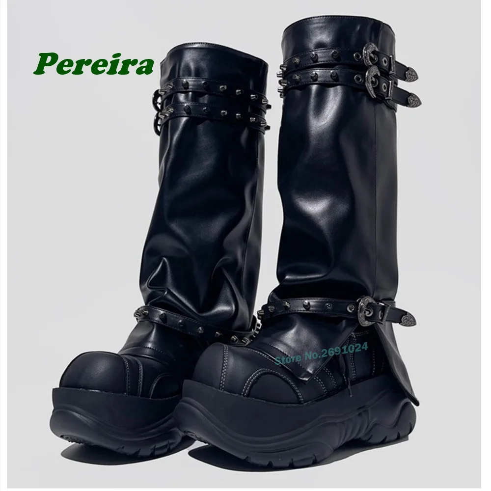 

Rivet Thick Soled Knight Boots Black Platform Height Increasing Belt Buckle Women's Knee High Boots Casual Spicy Girls Y2K Sexy