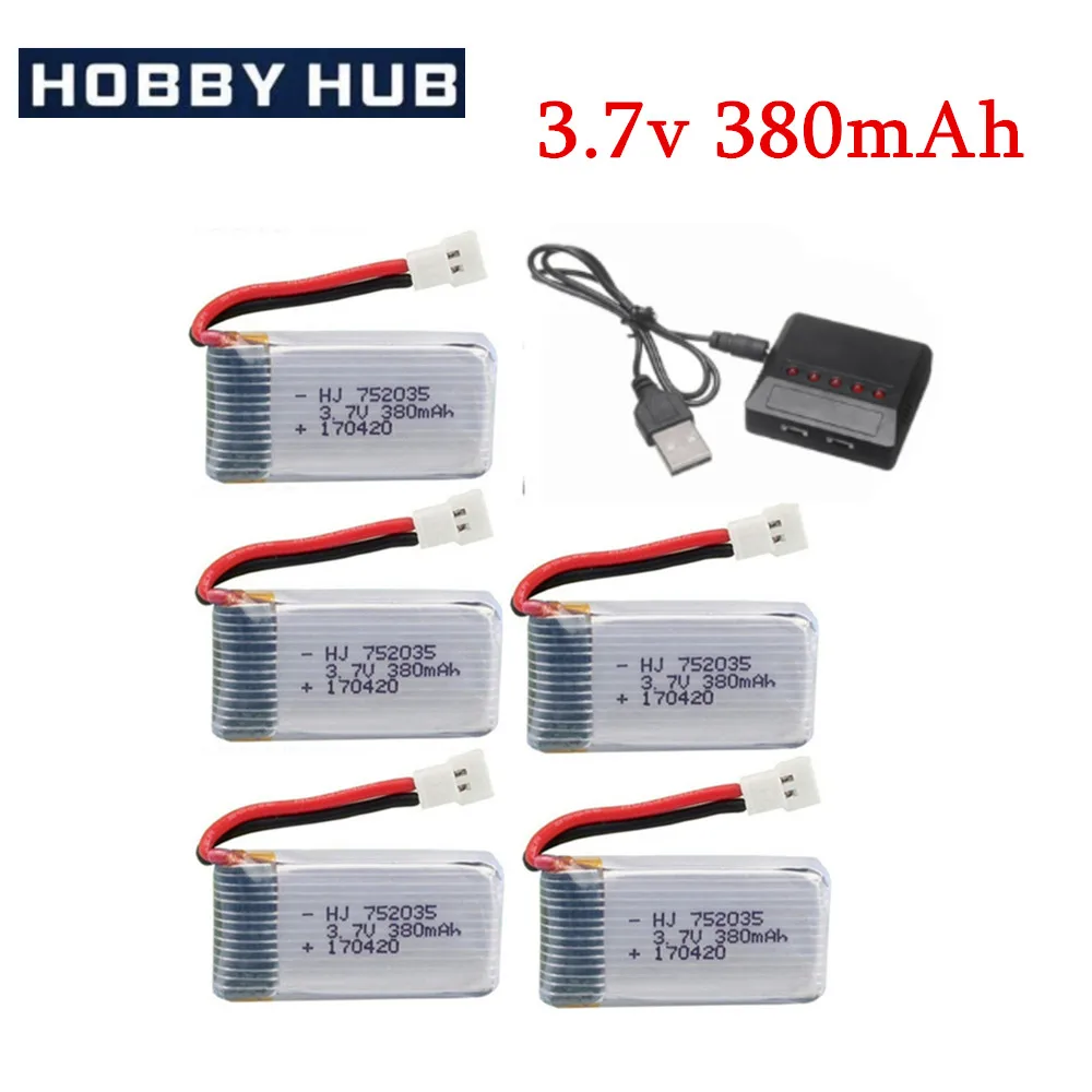 High Capacity 380mAh LiPo Battery with 3.7v for Hubsan X4 H107 Series/ JD385 Compatible JD388 Drones 752035 Spare Batteries