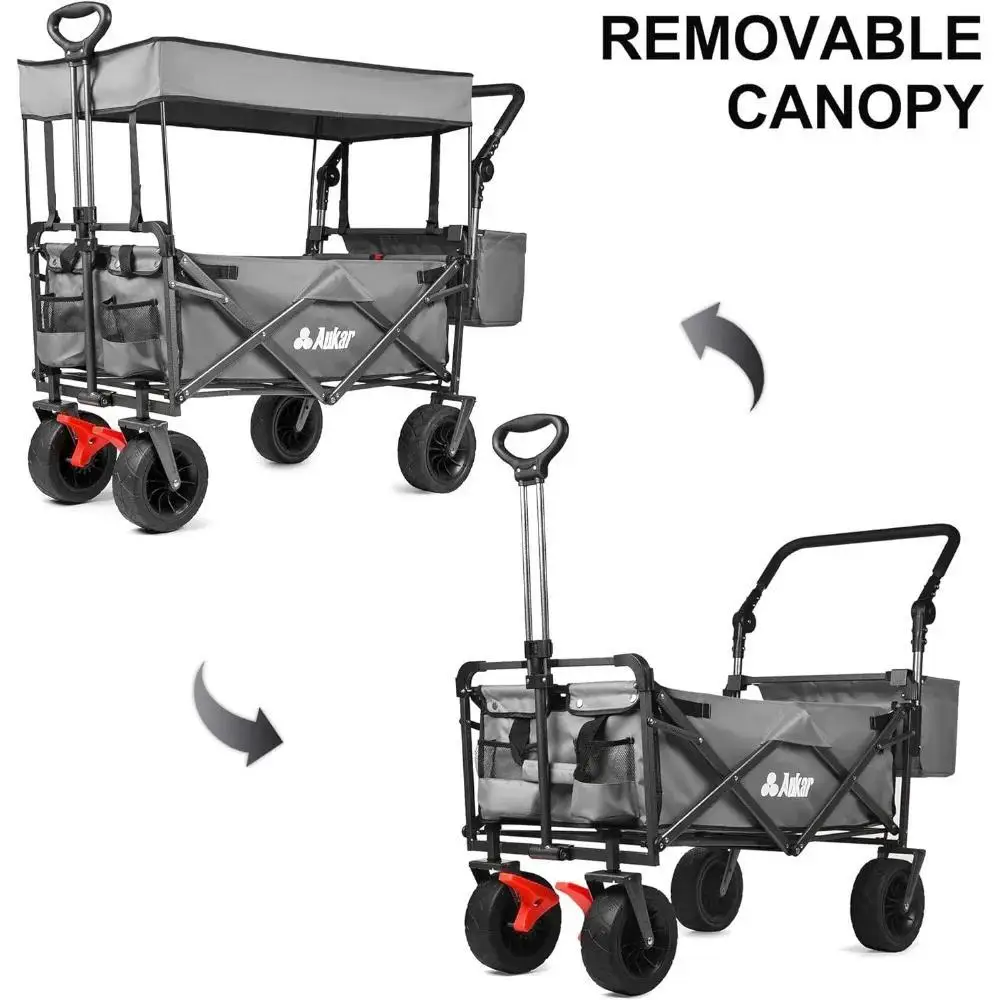 Collapsible Canopy Wagon - Heavy Duty Utility Outdoor Foldable Garden Cart - with Adjustable Push Pulling Handles