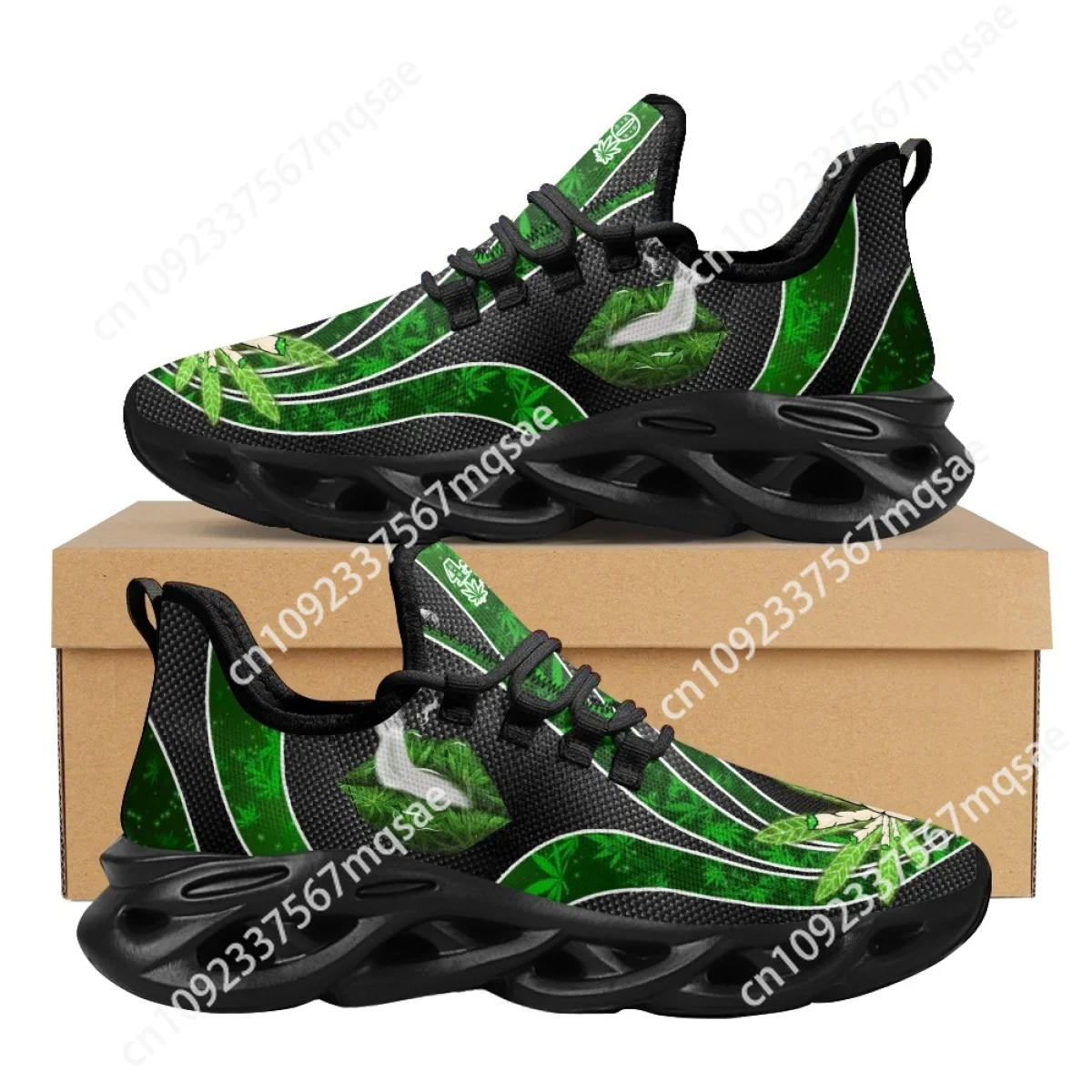 

Custom Summer Breathable Mesh Sneakers Green Lip Leaves Design Women Platform Shoes for Women Casual Lace up Zapatillas