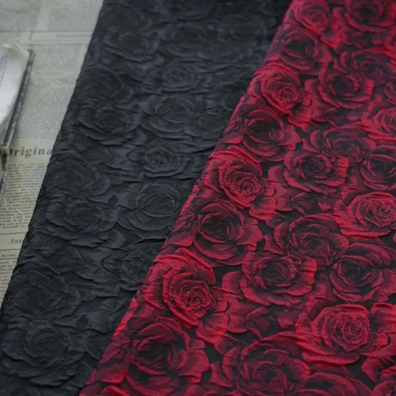 1/2/5m Romantic Embossed Black Dark Red 3D Rose Jacquard Yarn Dyed Vintage Floral Fabric for Women Clothing Suit Bag DIY Sewing