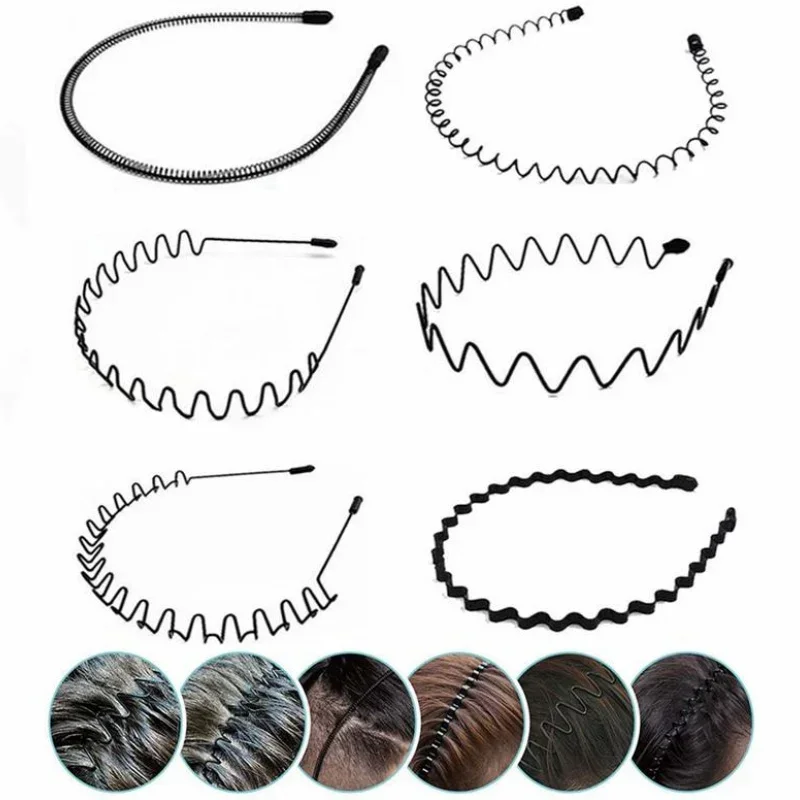 2022 Fashion Mens Black Metal Hairband Unisex Black Wavy Hair Head Hoop Band for Women Sport Headband Cool Hair Accessories