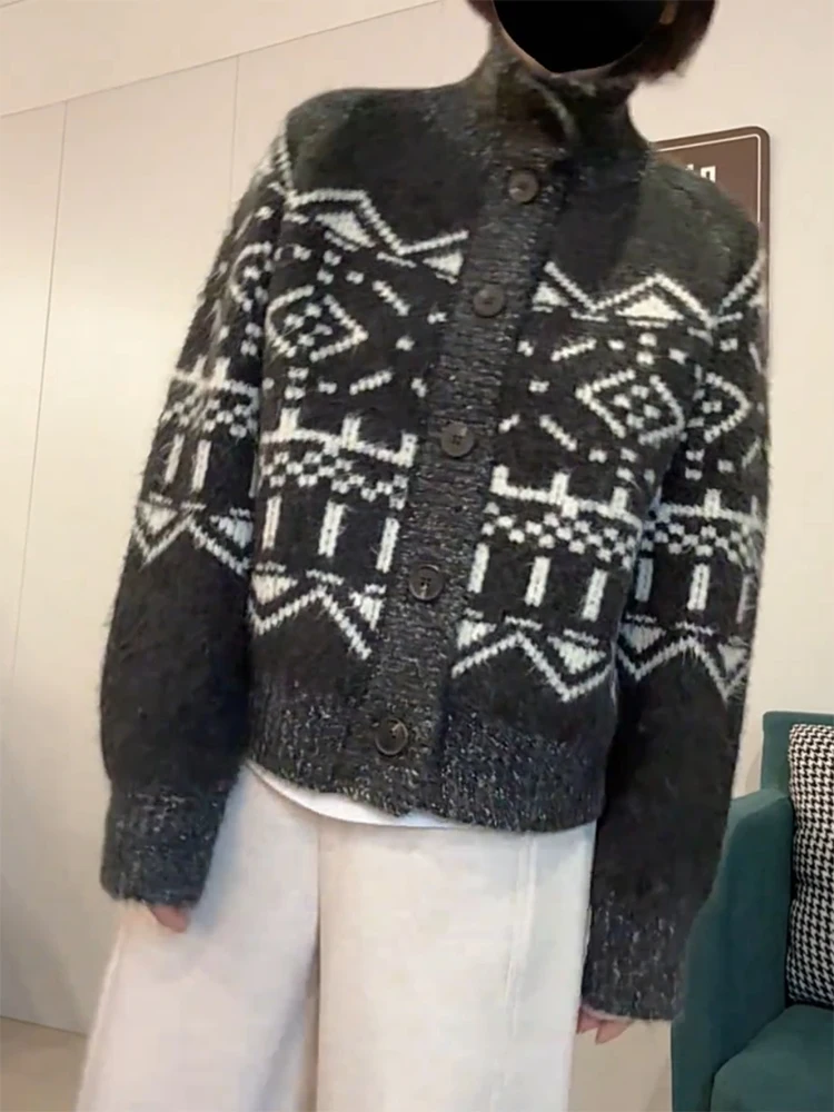 

Корейский вязаный кардиган Fair Isle с высоким воротником, осенне-зимний, больших размеров, универсальный, стройнящий, теплый, с эффектом согревания, длинный рукав