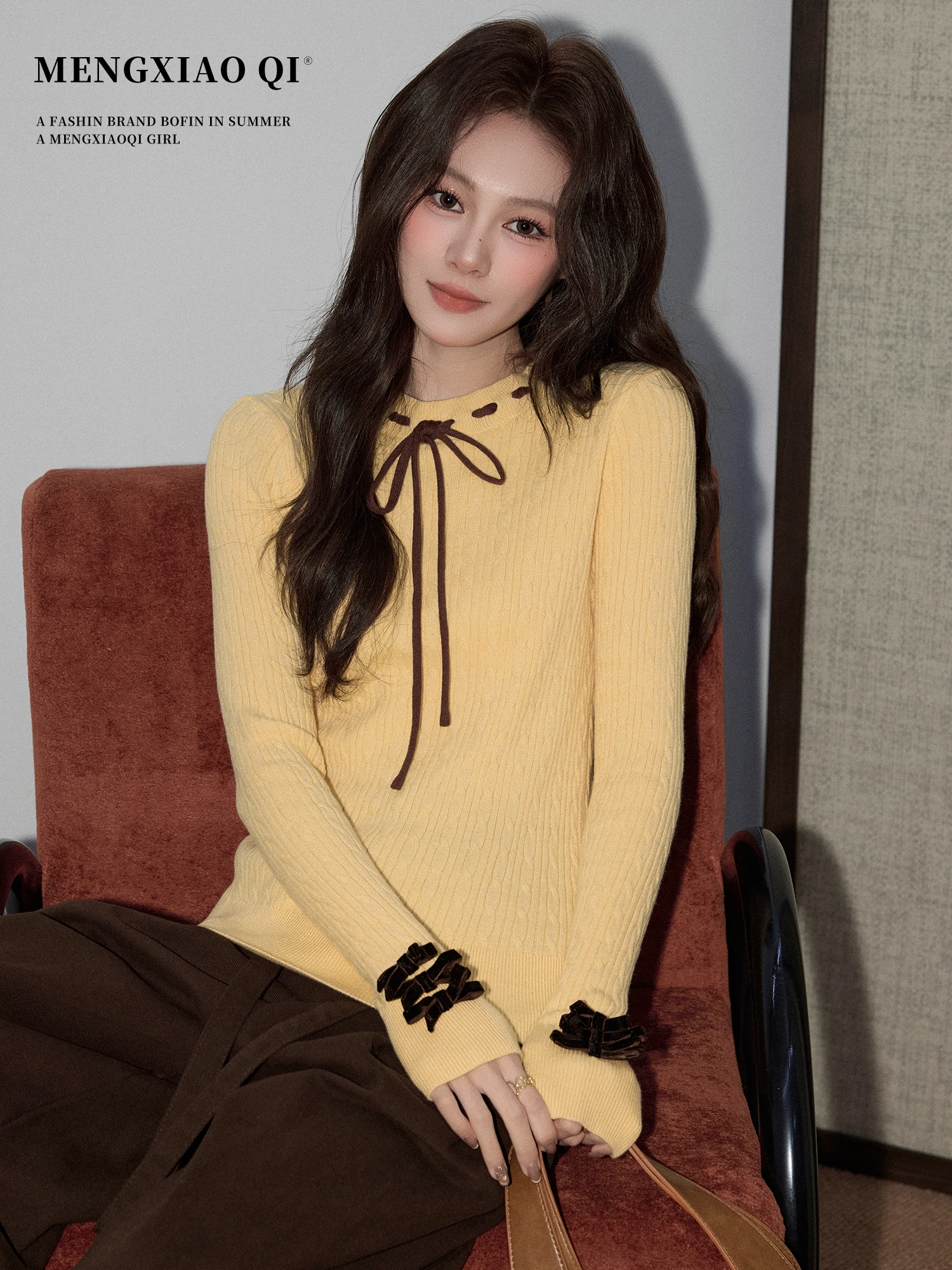 

Meng Xiaoqi Anti-Aging Color Colion Knot Belted Top Women's Autumn Winter Small Size Slim Fit Base irt