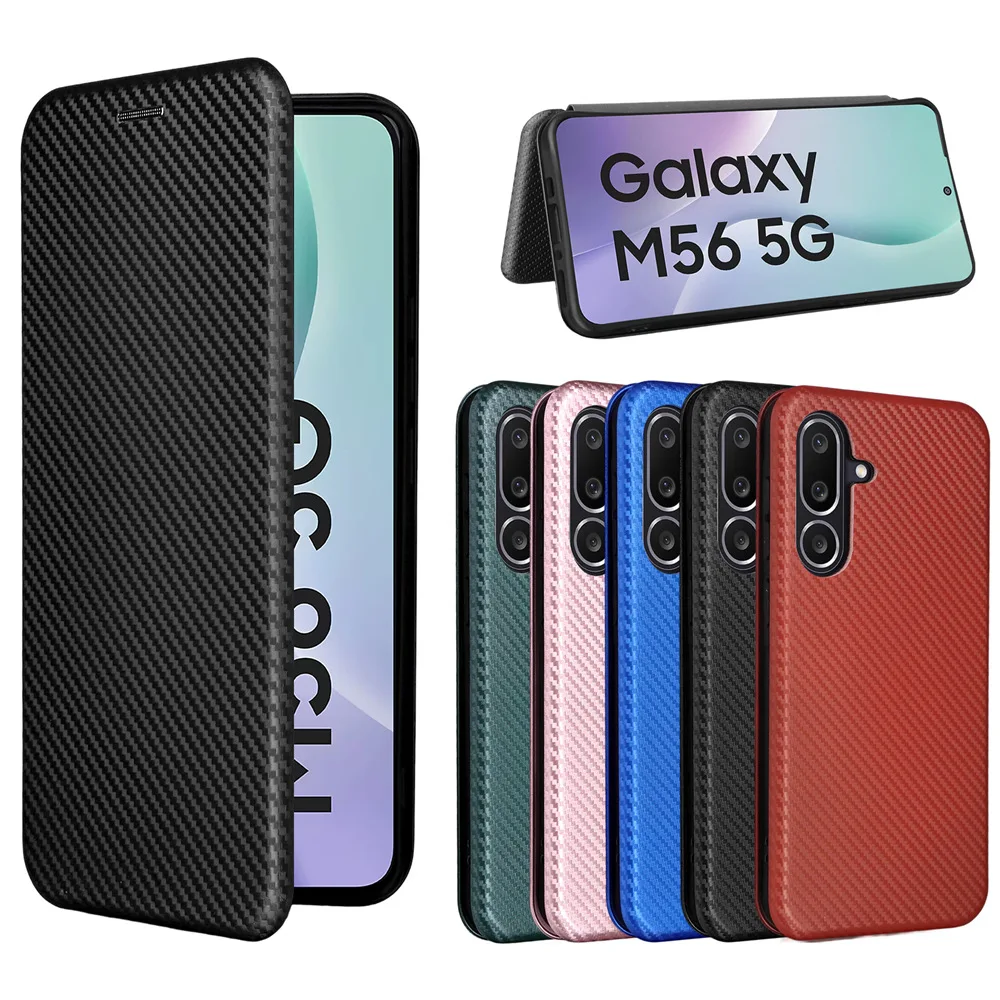 

Чехол из углеродного волокна для Samsung Galaxy M56, магнитная подставка для книги, защитный кошелек с откидной крышкой для карт, кожаный чехол