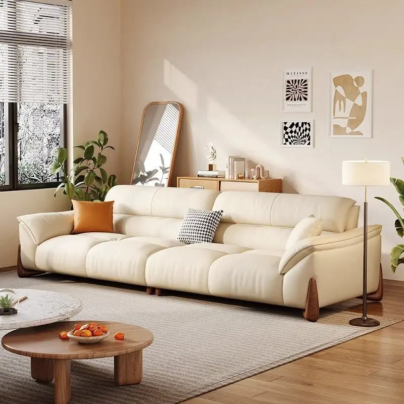 

One-character sofa living room small apartment simple Italian modern cream new straight row leather sofa furniture Chinese style