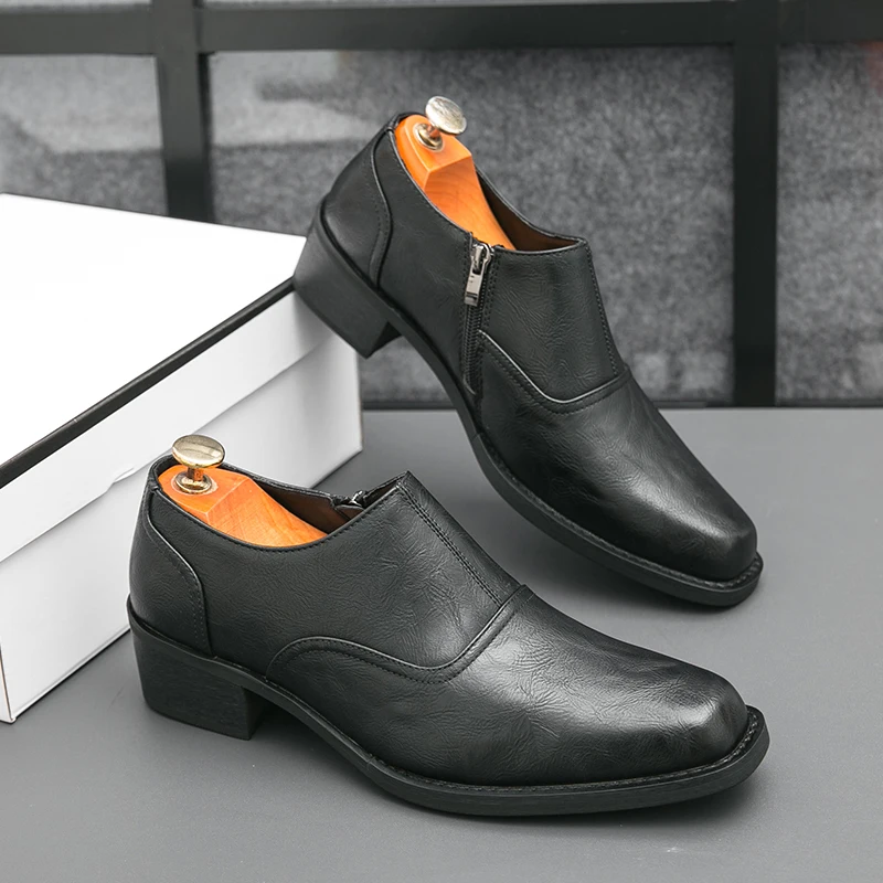 Men Platform Zip High Heel Leather Shoes Comfortable Height Increase Formal Dress Office Dance Shoes Men Wedding Groom Shoes