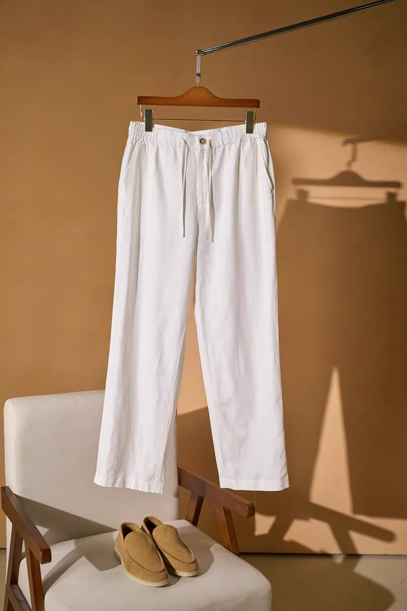 

Italian Style Men's Summer Lightweight Smooth Linen Comfortable Drawstring Zipper Straight Casual Pants Loose Fit Trousers
