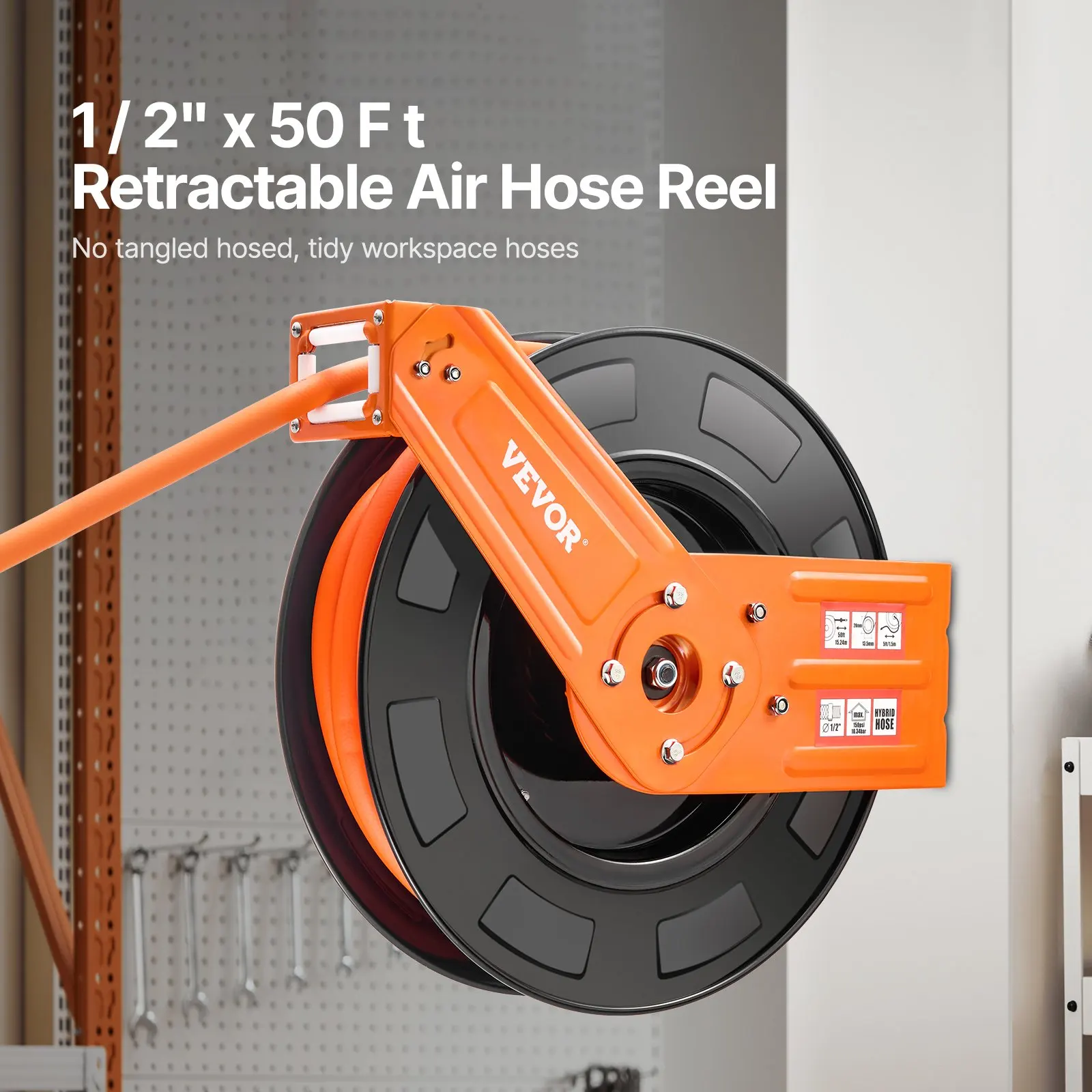 

Retractable Air Hose Reel 1/2 IN X 50 FT Hybrid Air Hose Reel Max 300 PSI