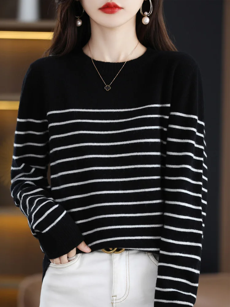 Women Autumn Winter Sweaters O-neck Striped Knitwear Fashion Long Sleeve Loose Sweaters Female Casual Korean Style New Tops