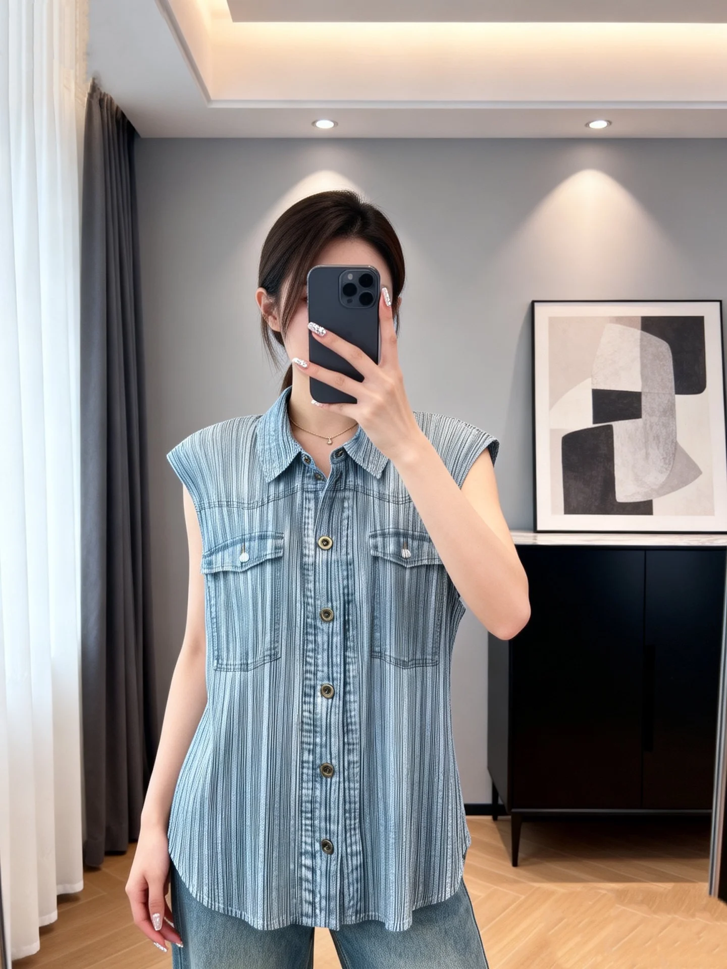 YUDX Miyake Pleated Sleeveless Shirt and Tapered Pants Set with Button Front Flap Pockets Relaxed Fit and Elegant Everyday Style