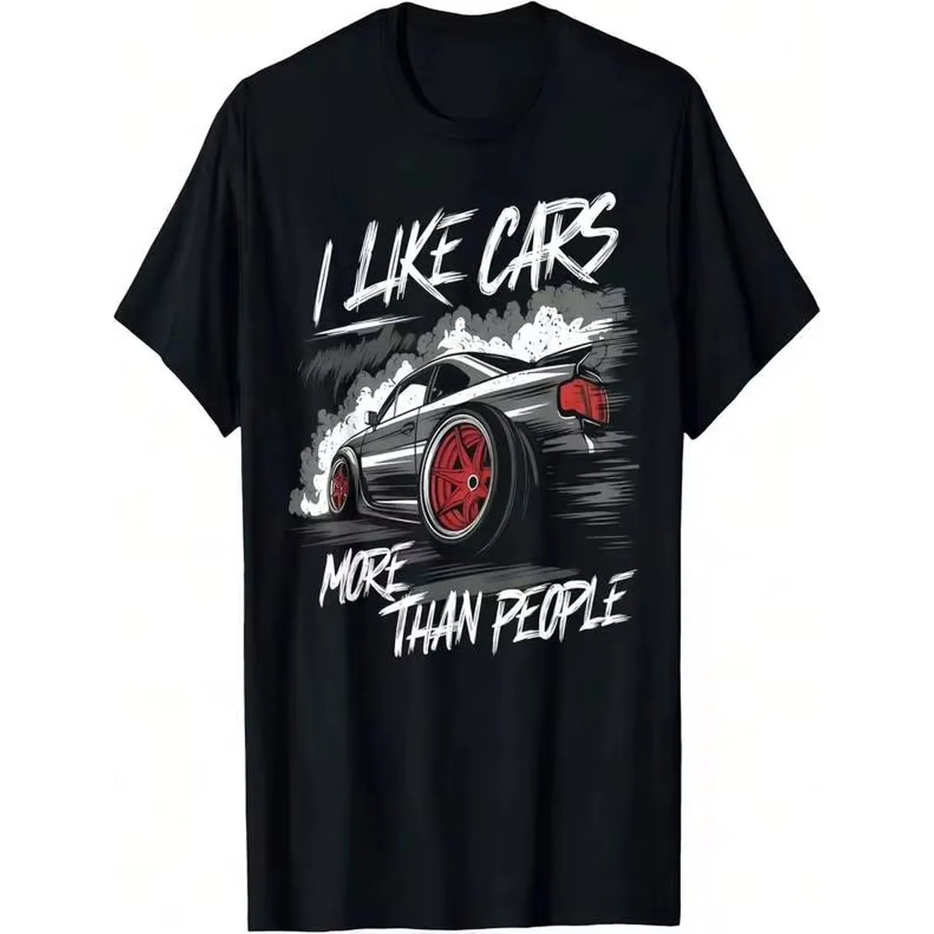 Men's Black Racing Car Smoke Graphic Cotton Tee, Crew Neck Medium Stretch Knit Regular Fit Short Sleeve Casual Top, Ideal Daily Wear For Boys & Men