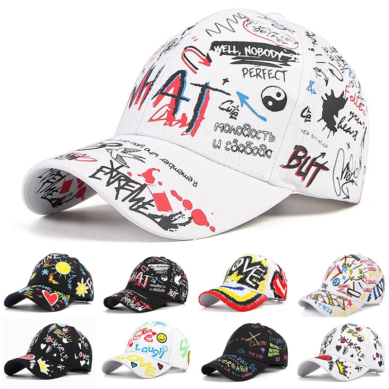 Cotton White Baseball Cap Women Men 2024 Summer Snapback Caps Men Korean Cartoon Graffiti Print Casquette Femme Baseball Hat