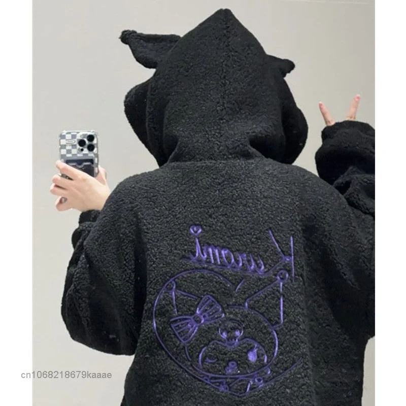 Sanrio Cartoon Kuromi Hoodies para mulheres, bordado preto, tops estéticos, casaco fino, moda feminina, moletom solto, Y2k, outono