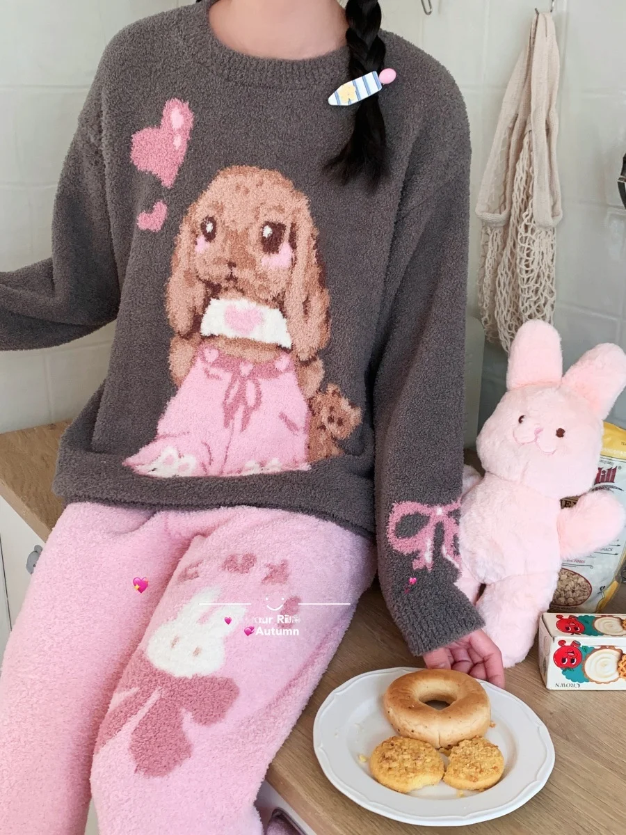 soft-plu-thiened-long-sve-round-ne-home-clothes-set-for-women-bear-rabbit-toy-spwear-autumn-winter-warm-comfortable