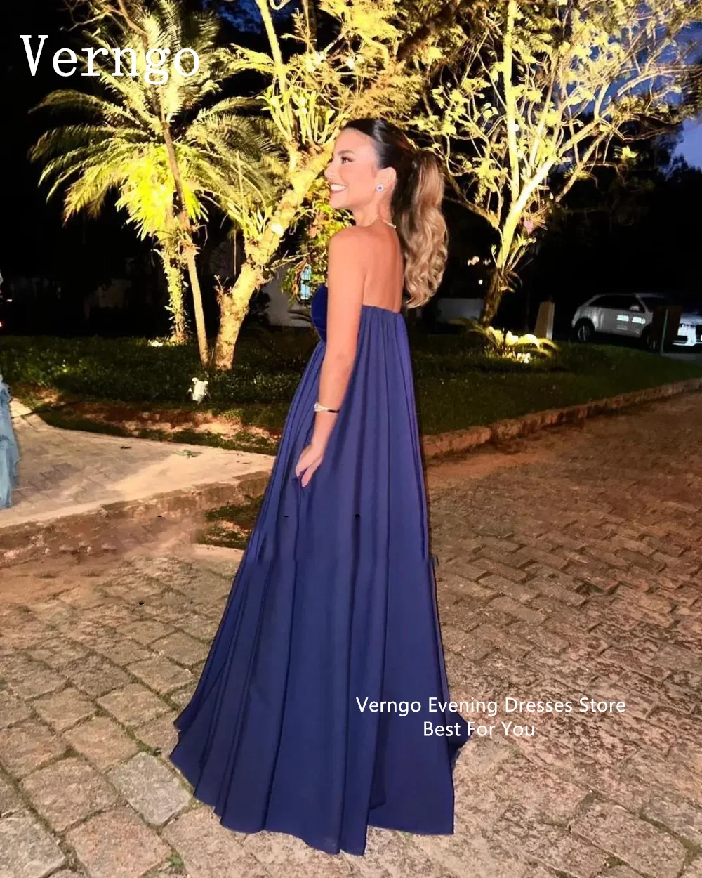 Verngo Navy Blue Prom Dress Simple Buffle Evening Dress For Women Strapless A Line Party Dress Custom Size Formal Occasion Dress