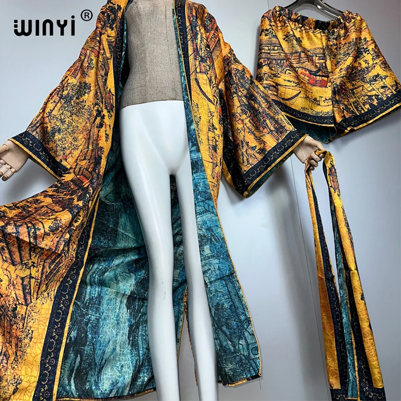 WINYI جودة عالية قطعتين مجموعات الصيف الزي امرأة البوهيمي طباعة كيمونو الطابق طول الشاطئ التستر عباية دبي فستان فاخر