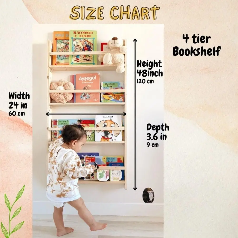 Scaffale per bambini Montessori da parete in legno massello fatto a mano, espositore per libri a 4 livelli per camera da letto dei bambini, mobili per la cameretta dei bambini