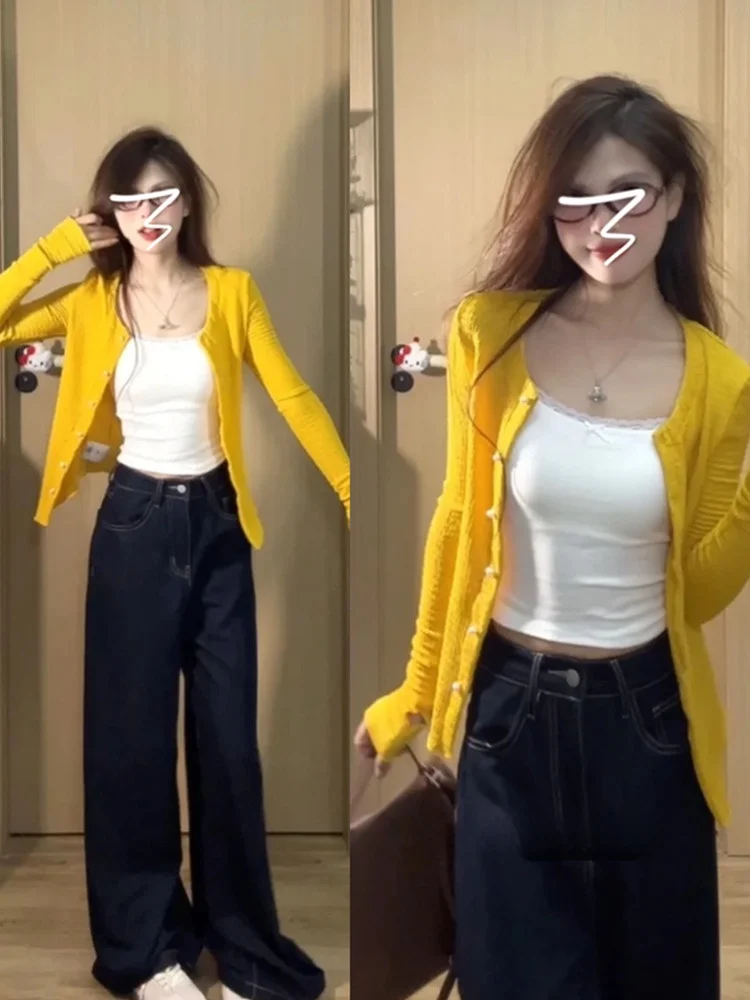 

Желтый вязаный свитер, пальто, женский приталенный длинный свек, тонкая зимняя верхняя одежда, кардиган Sli, повседневный модный топ