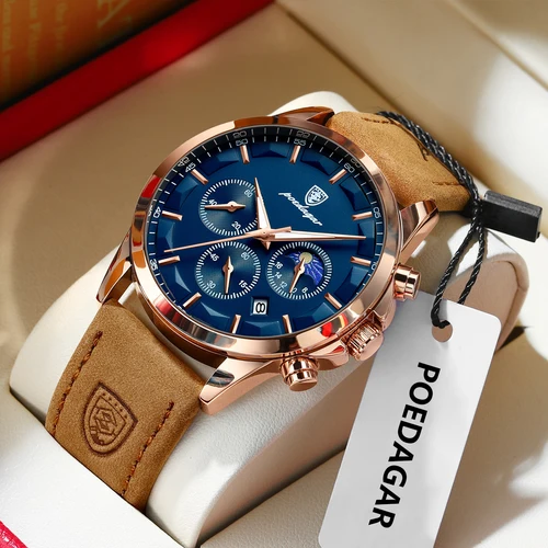 Reloj POEDAGAR de lujo para hombre de negocios, cronógrafo resistente al agua, fecha luminosa, reloj de pulsera para hombre, relojes de cuarzo de cuero a la moda para hombre + caja