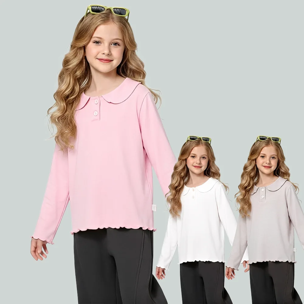 Girls' base shirt children's lapel T-shirt, new spring long sleeved top for middle-aged and young children