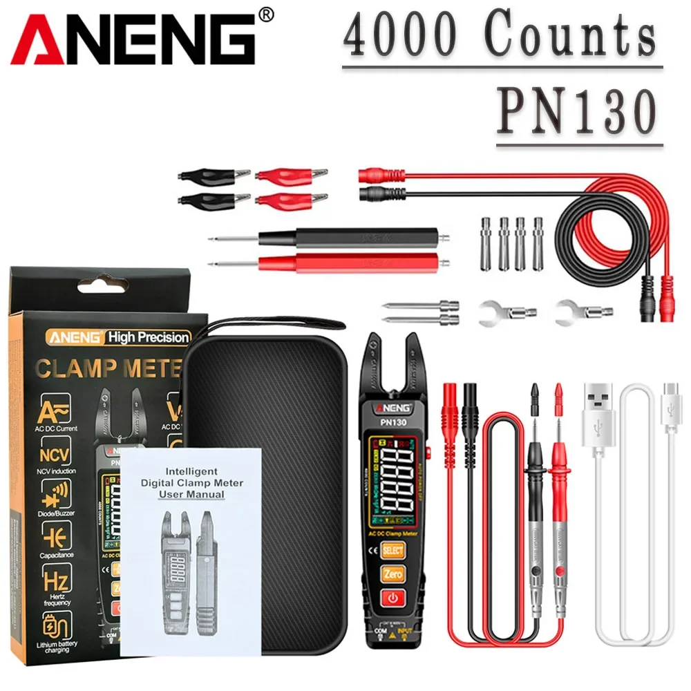 ANENG PN130 Multimeter met klem, VA-kleurenscherm, Type C opladen, inclusief B16 slimme inductieve spanningspen en circuittestgereedschapset.
