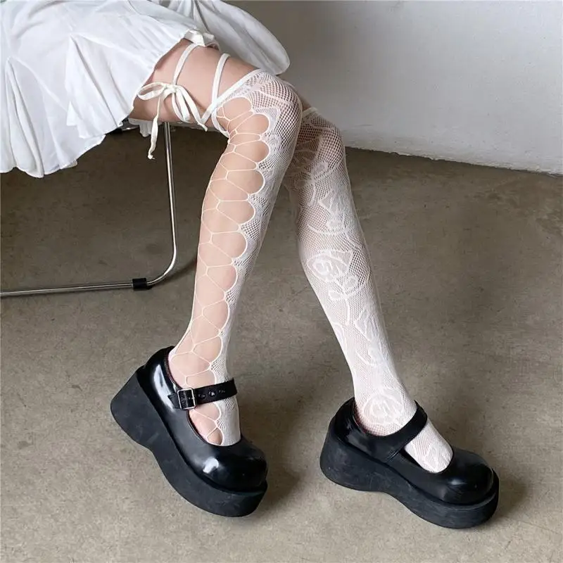 

195E Women Hollow Out Calf Socks for Cross Ribbon Bandage Gothic Stock