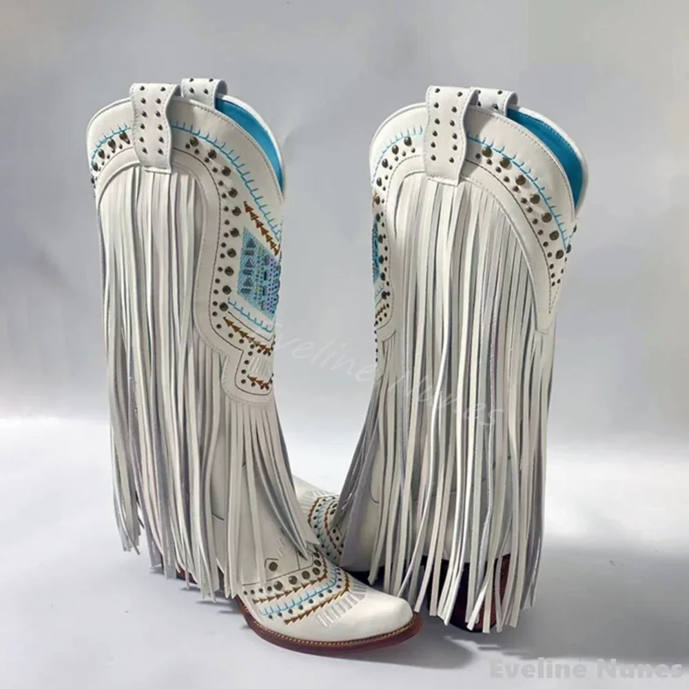 Embroidery Rhinestone Fringe Retro Boots Women Pointed Toe Chunky Heel Mixed Colors Slip on Western Cowboy Boots New Trend Boots