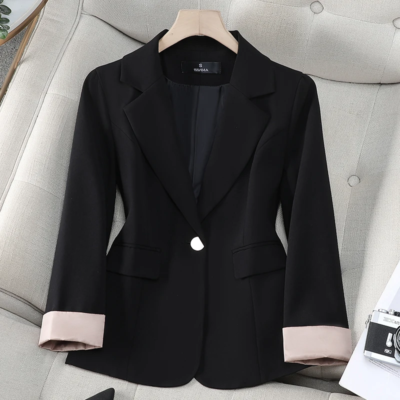 ZJYT Korean Fashion Autumn Women's Casual Blazers Jacket One Button Turn Down Collar Coats Plus Size Outerwears Femme Veste Blue