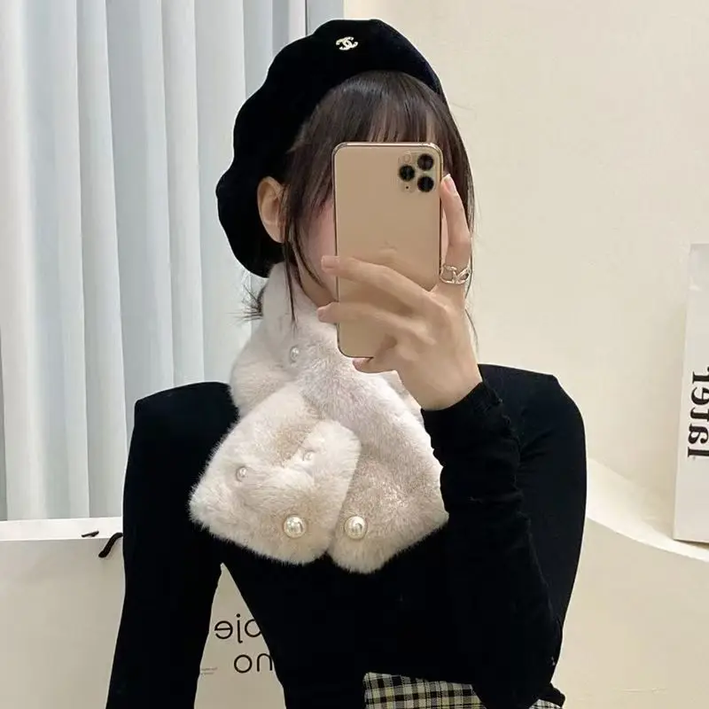 Sciarpa calda da donna in pelliccia di coniglio sintetica invernale da donna Sciarpa calda coreana di lusso a doppia faccia con perle spesse e scialle morbido che protegge il collo Articoli di moda