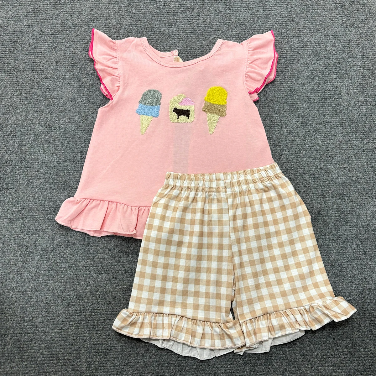 

Baby New Cotton Short Sleeved T-shirt Set Round Neck Ice-Cream French Knot Girl Top Clothes And Lattice Short Suit Boy Romper