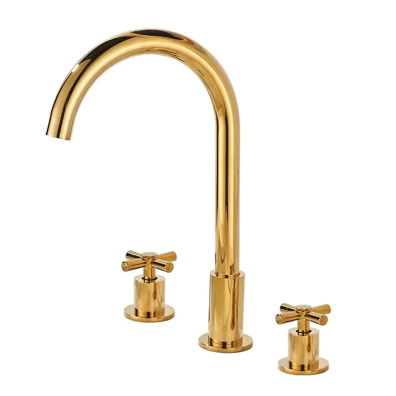 

Golden three-hole hot and cold faucet split all-copper European three-hole washbasin faucet washbasin double handle
