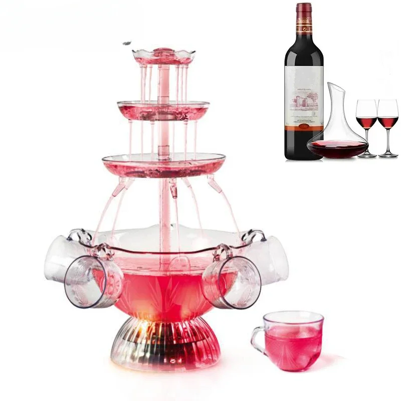 3-Tier Cocktail Party Fountain Red Wine Drinking Fountains Beverage Beer Machine With LED Lighted Base Includes 5 Reusable Cups