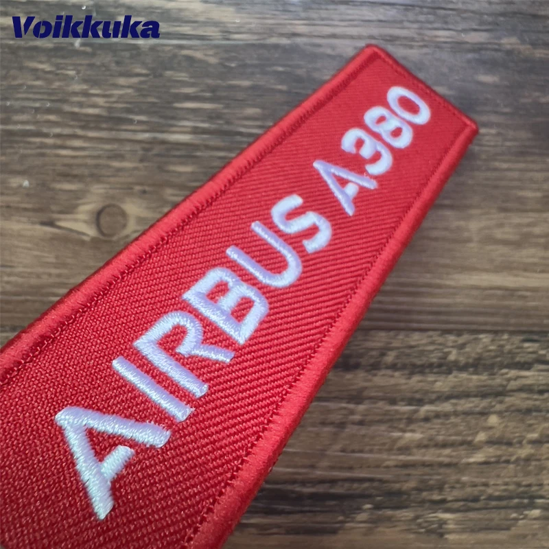 1PC 2PCS 3PCS Set Sale Both Sides Embroidery White Letters AIRBUS A380 Red Tag Motorcycle Aviation Keychain Bag Accesorios