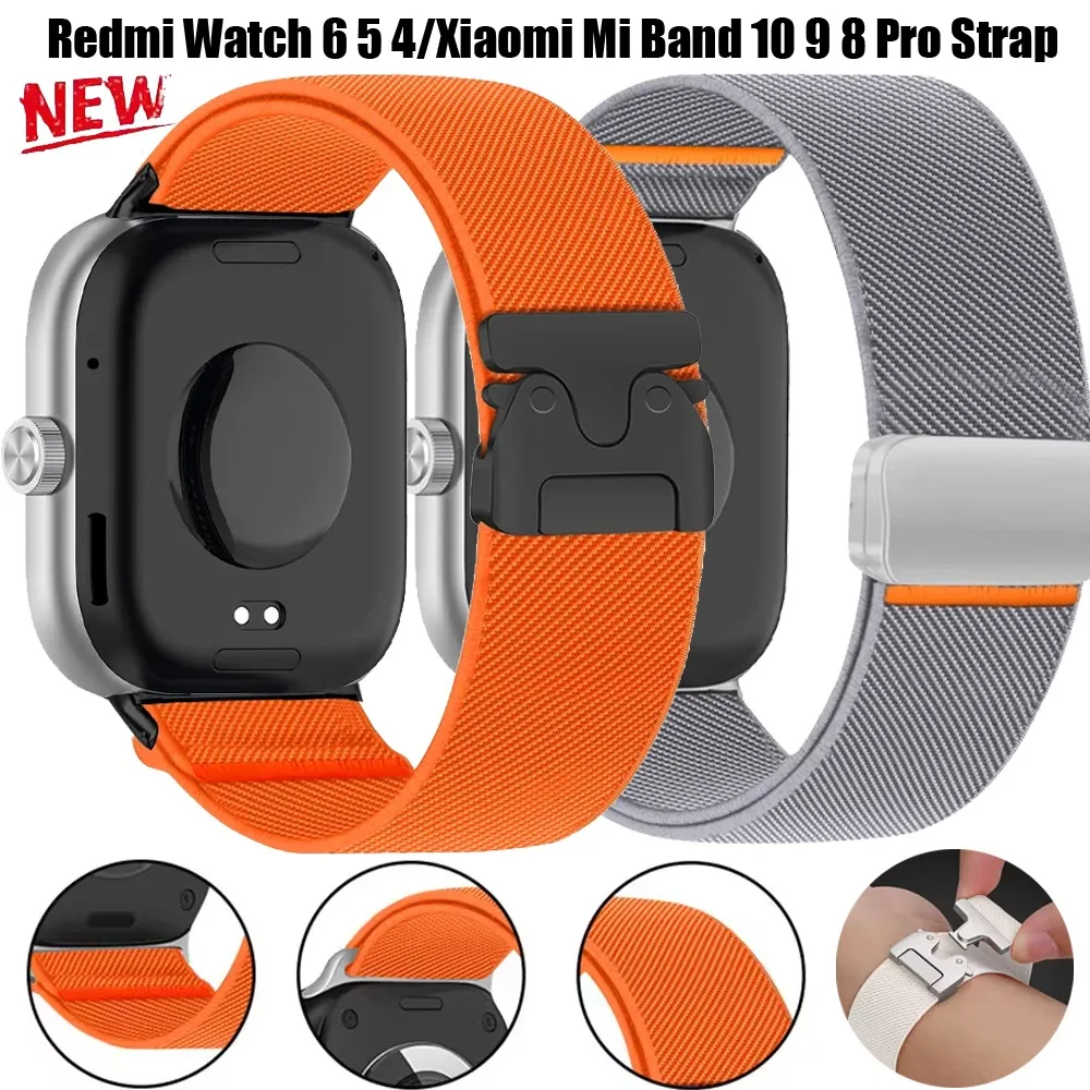 Nylon-Schlaufenarmband für Redmi Watch 6 5 4 mit Magnetischer Fallschirmschnalle, Elastisches Armband für Xiaomi Mi Band 10 9 8 Pro, Komfortables Correa