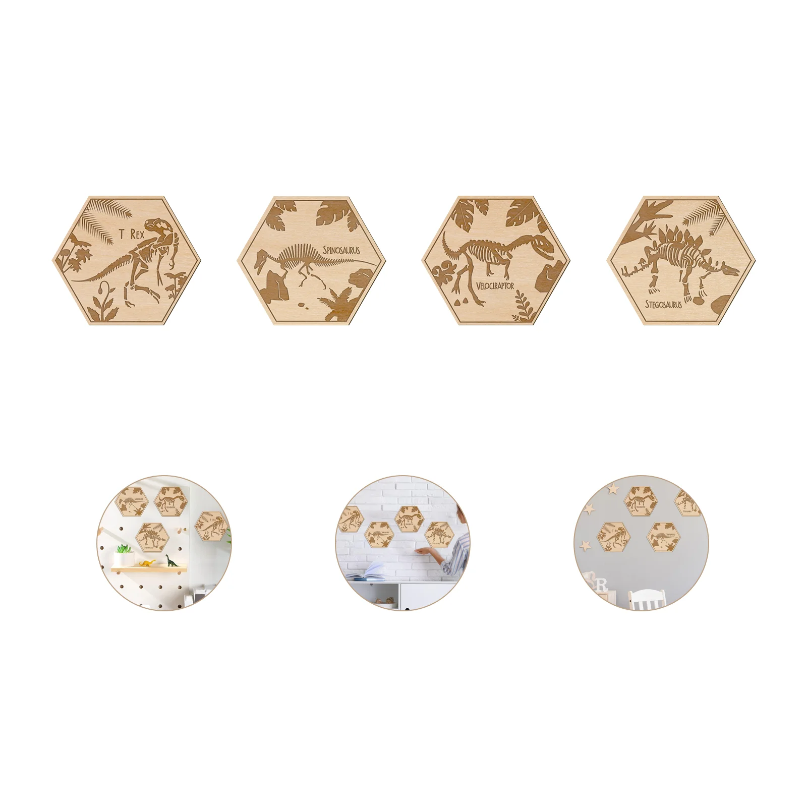 

4 Pcs Dinosaur Wall Art Hexagon Wooden Decor - Laser Engraved Nursery, Playroom, Classroom Decoration (13x15cm)