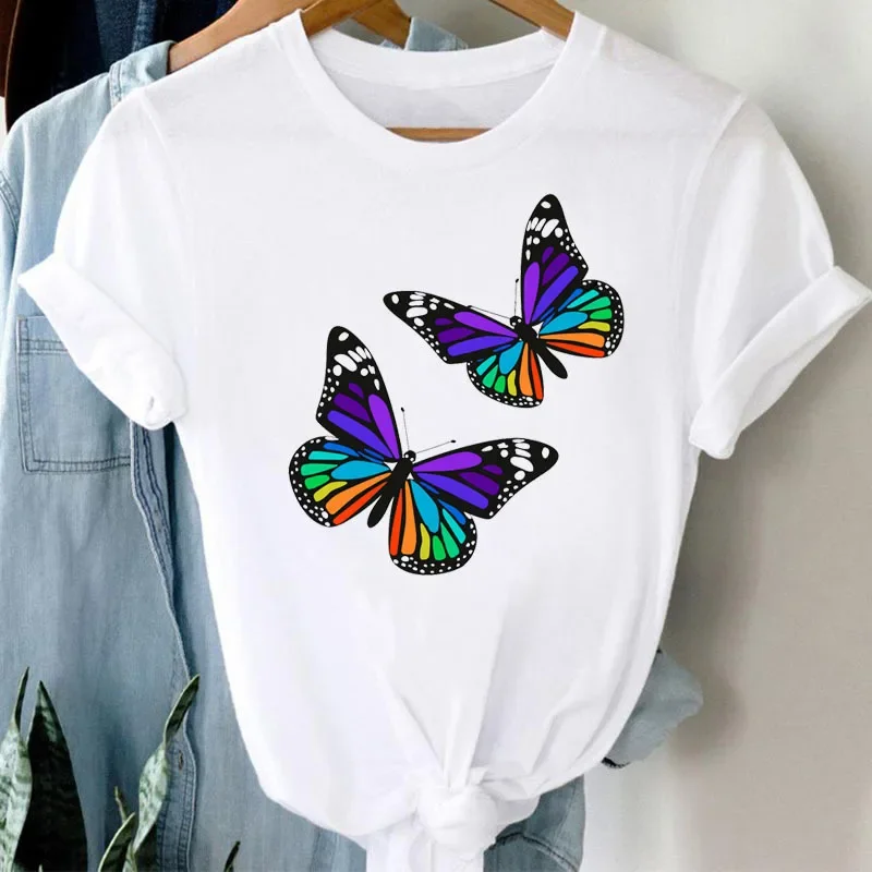 

Модная цветная модная женская футболка с коротким рукавом и рисунком бабочки, футболка с круглым вырезом, эстетичная одежда, женская одежда Harajuku